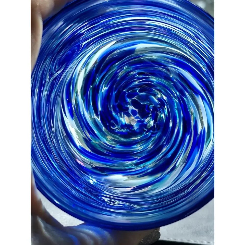 Cory Ballis Signed Cobalt Blue Swirl Art Glass Lowball Rocks Tumbler Handmade